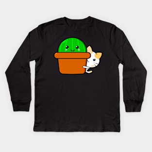 Cute Kawaii cat peeking out behind cactus Kids Long Sleeve T-Shirt